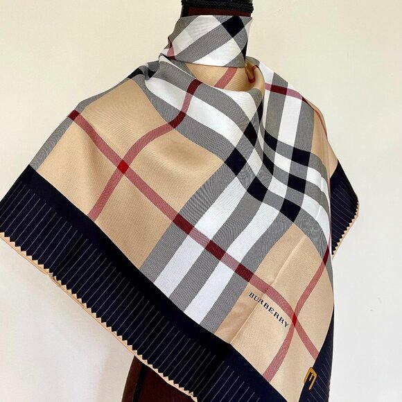 NWT Burberry Scarf Iconic Beige Check Black Border Logo Silk Wrap - Picture 1 of 16